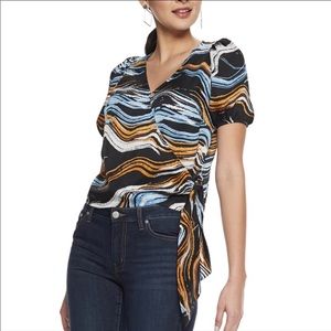 Nine West Puff Sleeve Top Silky Print Shirt Size Medium